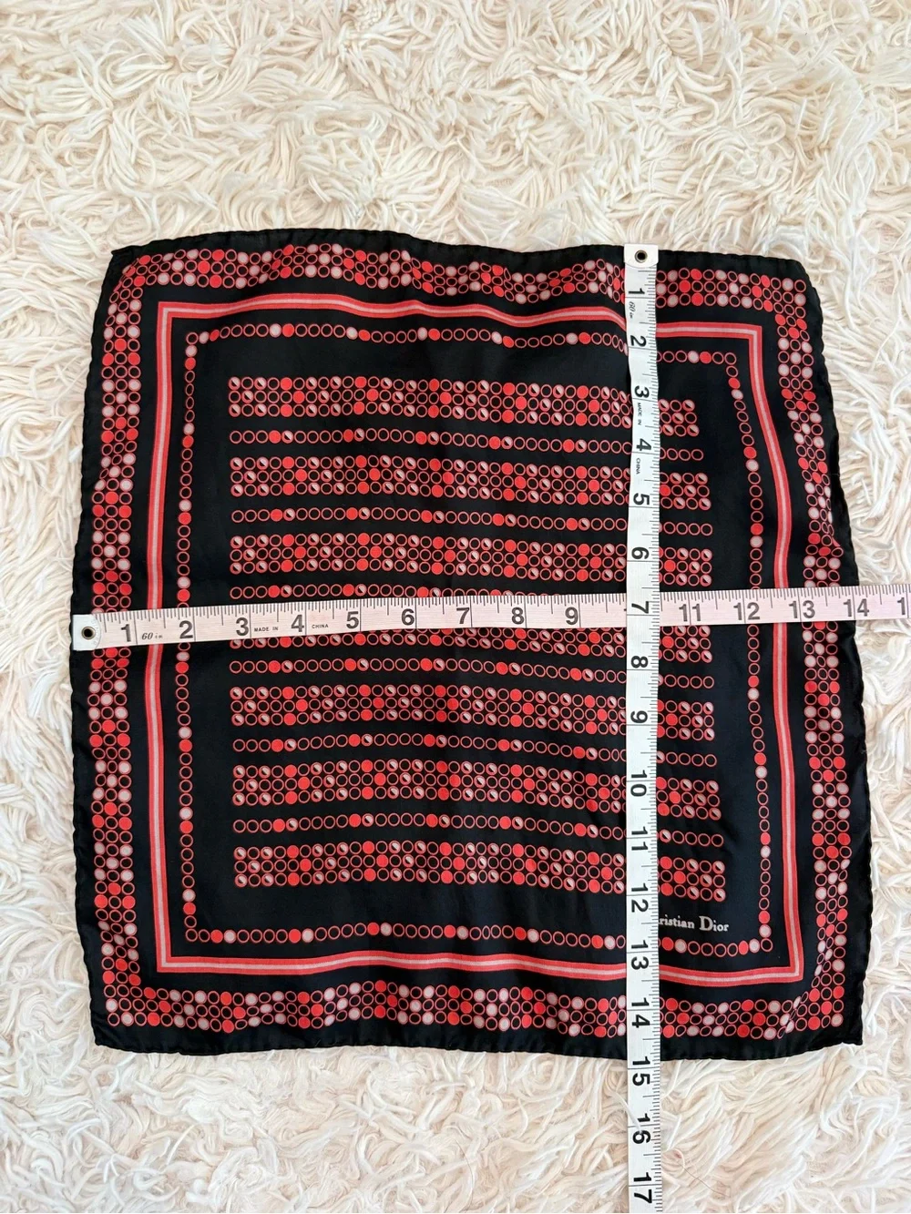 Christian Dior Vintage Red Black Polka Dot Silk Scarf 14x14 France
